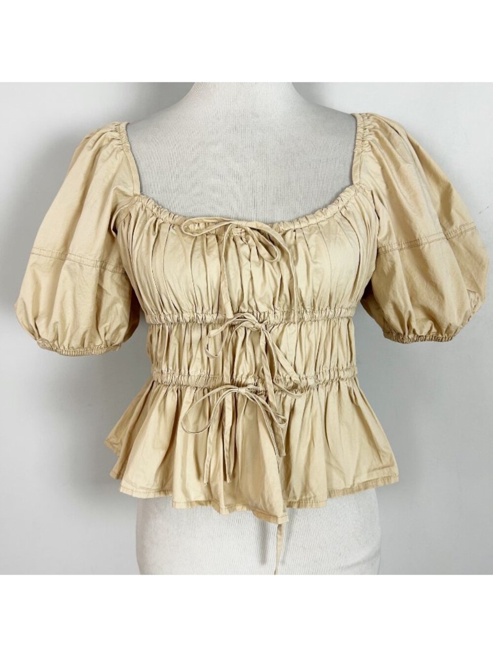 Women's Tan Cropped Milkmaid Top Ruched Peplum Boho Cottage Summer Size Large